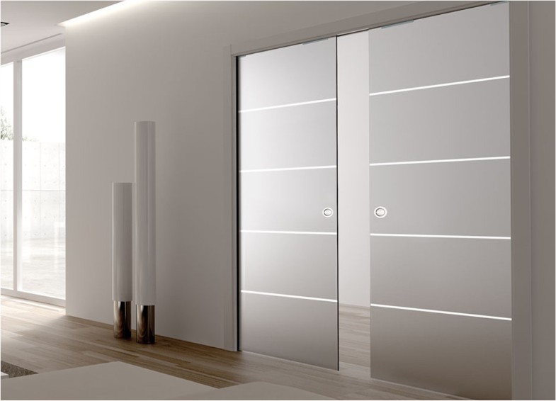 Eclisse Double Classic Stripped Glass Pocket Door System 
